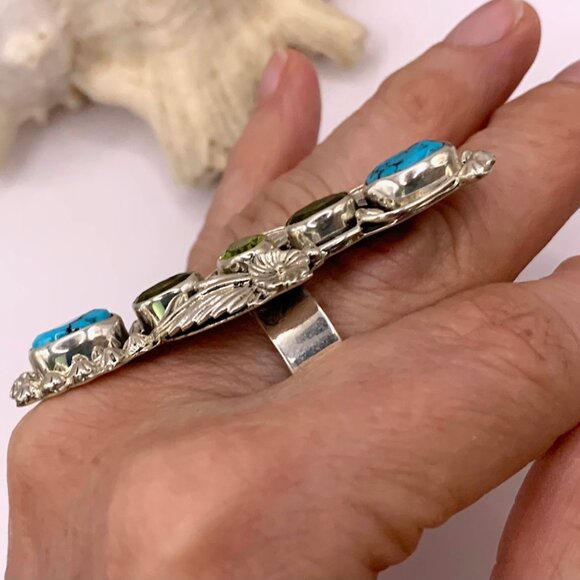 Big Peridot Turquoise Sterling Silver Elongated Handmade Navajo Ring Sz 9 J878 - Picture 8 of 12